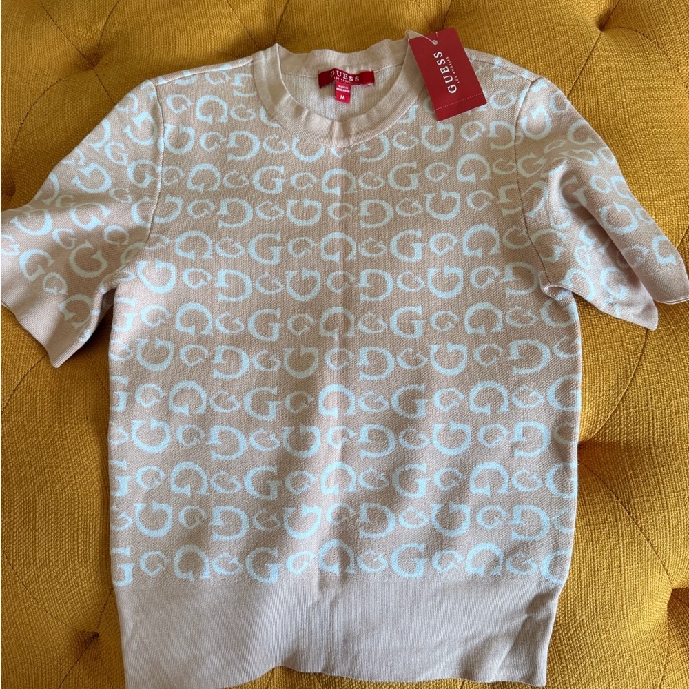 Guess Girls Pink and White Logo Short Sleeve Sweater